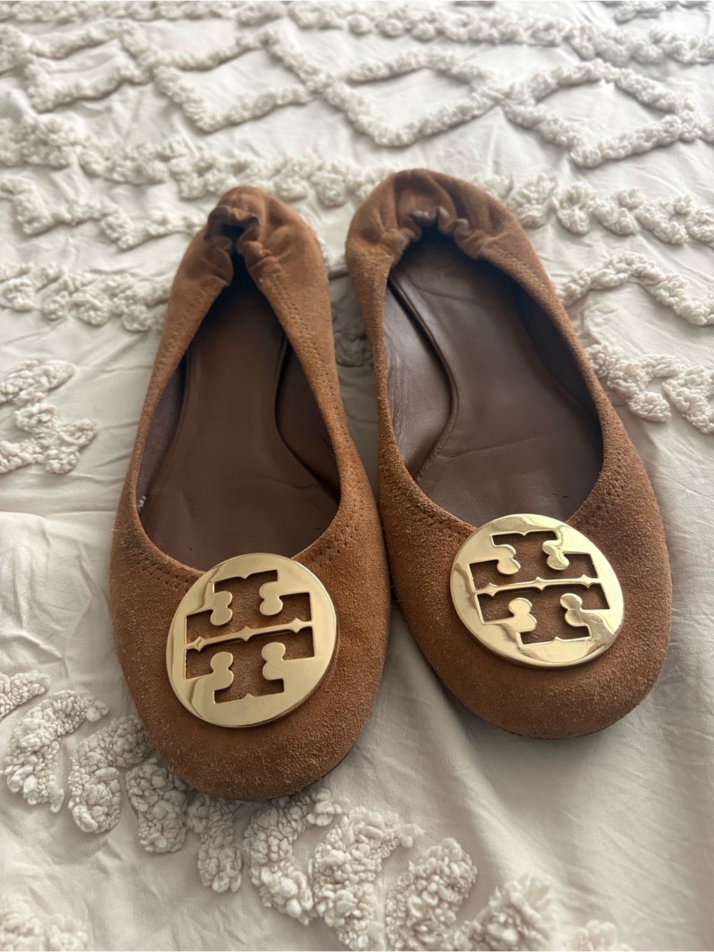 Tory Burch Chestnut Suede Ballet Flats with Gold Logo Medallion